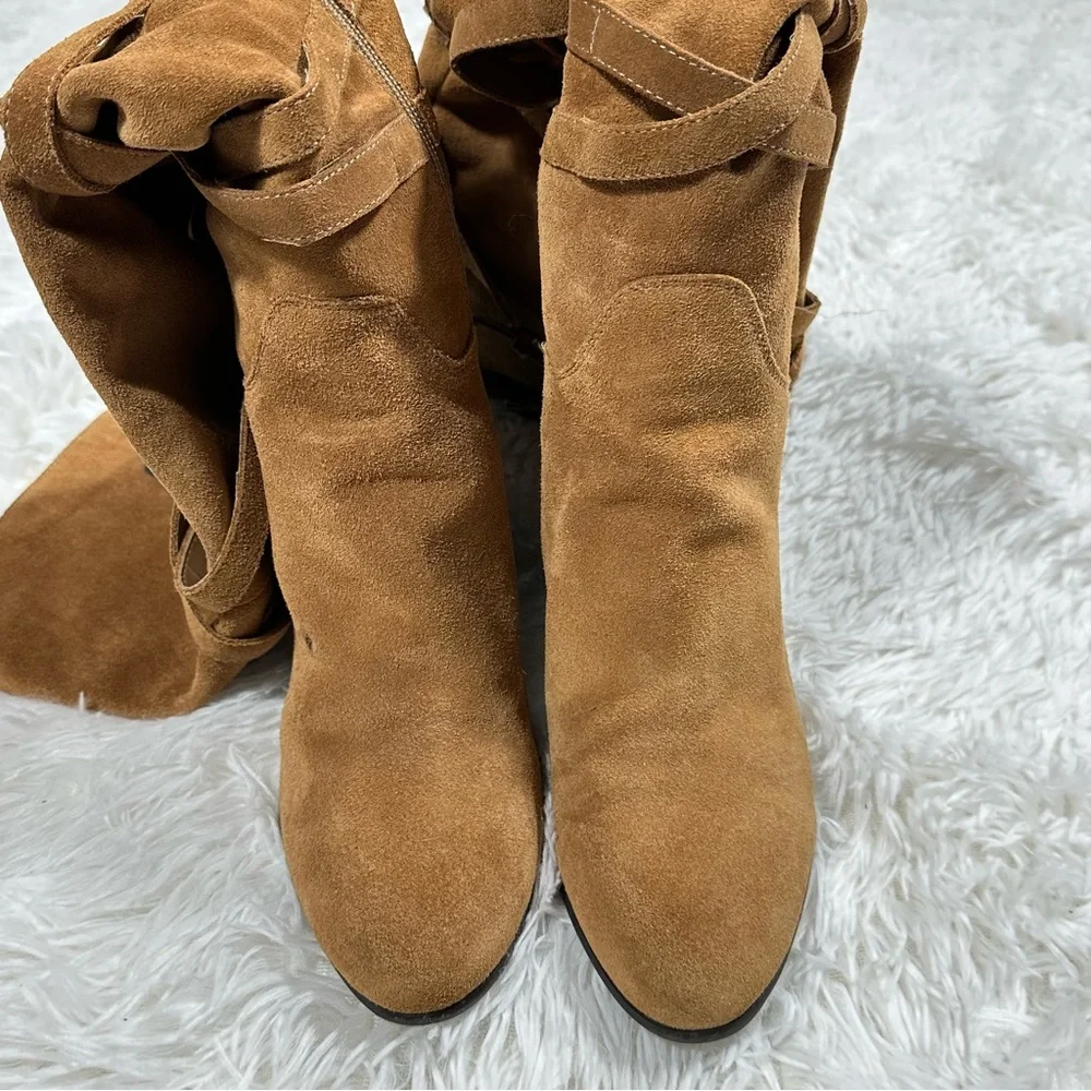 Sam Edelman Over the Knee Suede Boots Womens 8M Tan Block Heel Crisscross Wrap